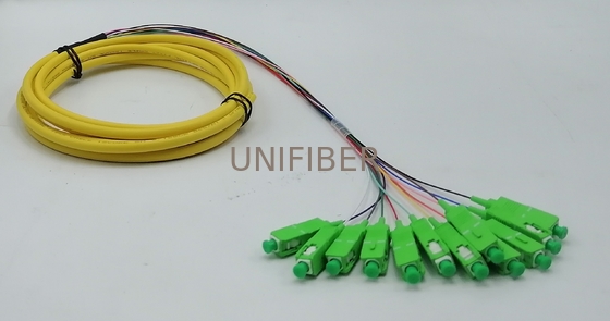 1.5M SC/APC 12 fiber optic fanout pigtails OS2 Single Mode G657A2 Bend Insensitive Riser (OFNR) 0.9mm Yellow