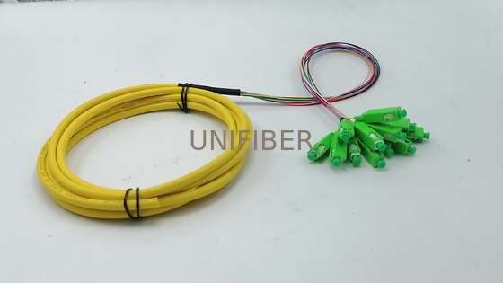 1.5M SC/APC 12 fiber optic fanout pigtails OS2 Single Mode G657A2 Bend Insensitive Riser (OFNR) 0.9mm Yellow